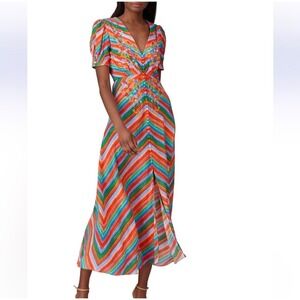 Saloni Striped Lea Maxi Dress Silk Rainbow Chevron Puff Sleeve Retro US 6